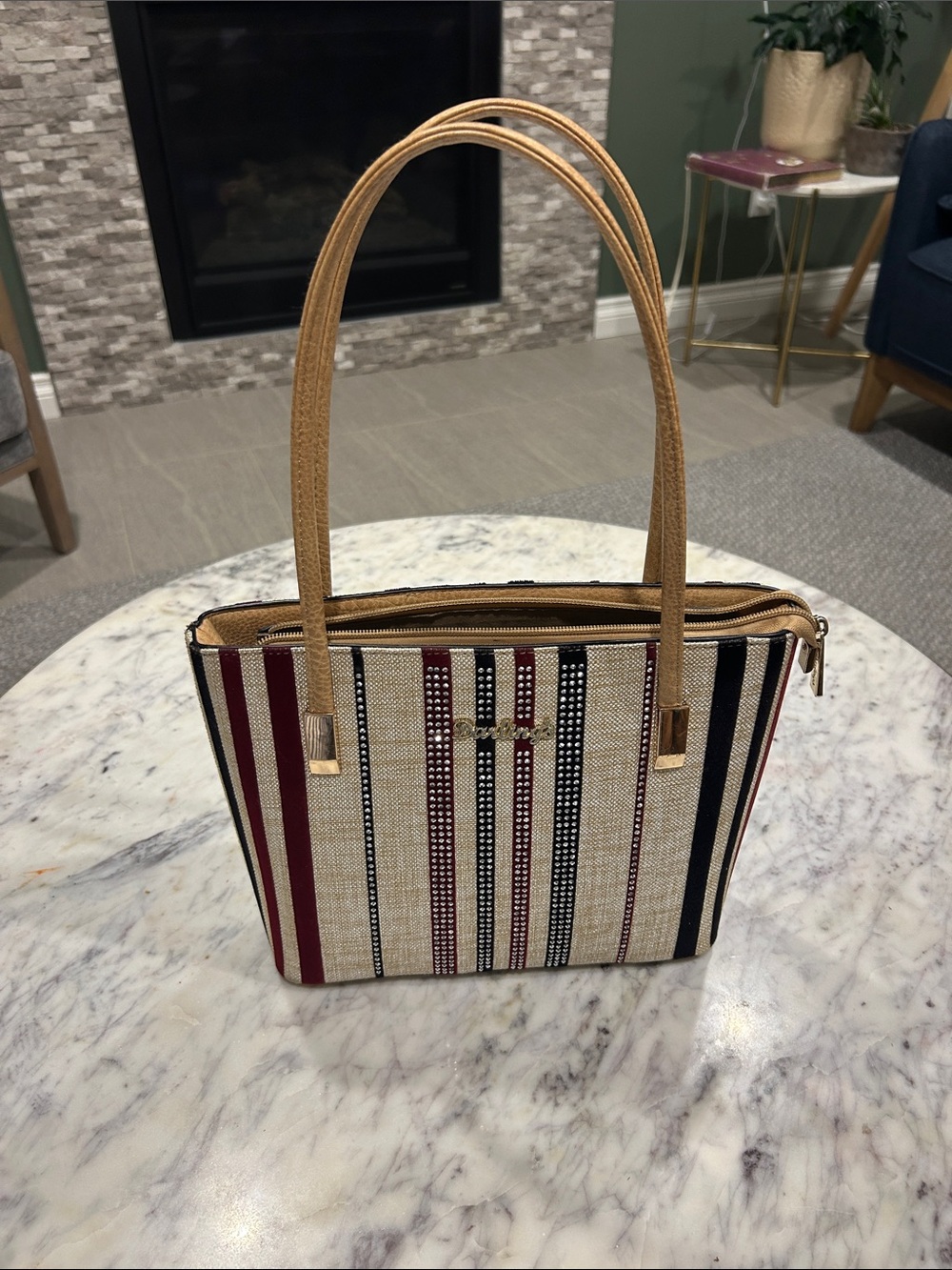 BNWOT! Striped Tote Bag with Tan Handles - Women's Fashion Bag